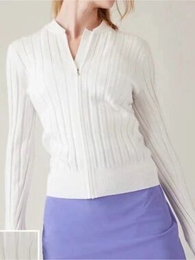 Athleta White Ribbed Zip-Up Cardigan